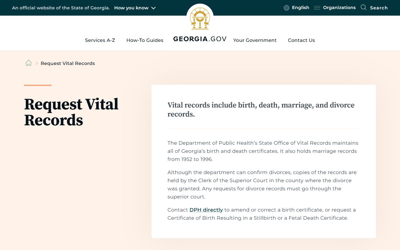 Georgia.gov vital records page explaining divorce copy requests