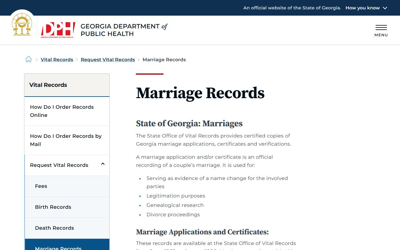 Georgia Department of Public Health marriage records page