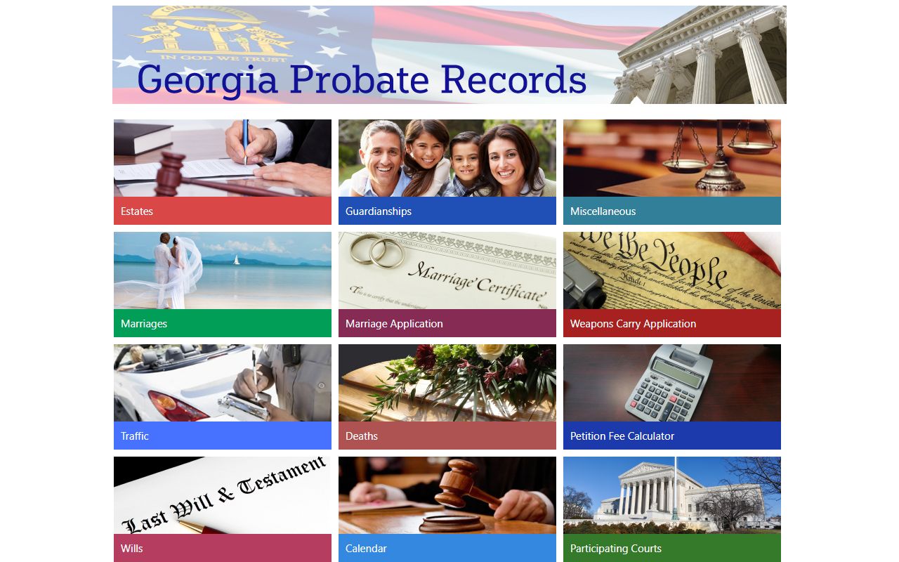 Georgia Probate Records dashboard with probate search modules