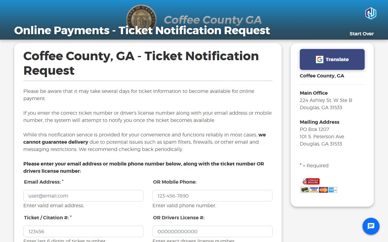 Coffee County traffic court records ticket notification fields